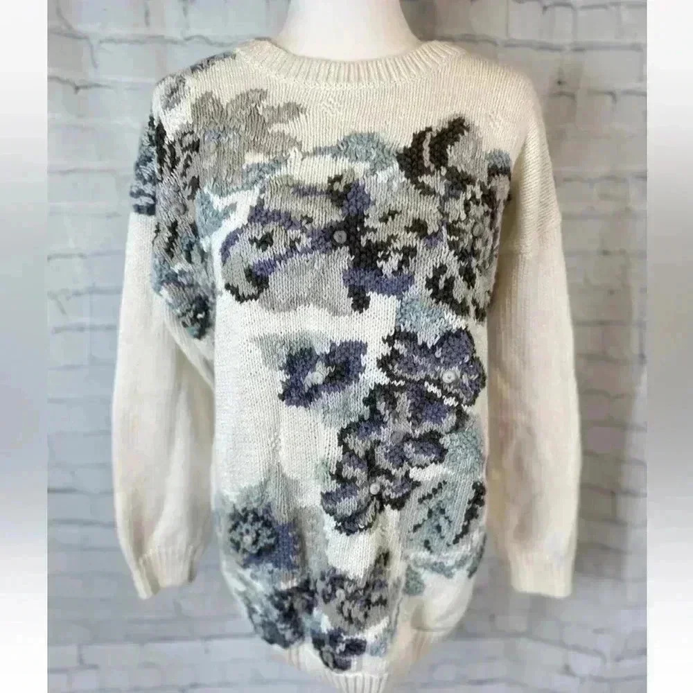 Huntington Ridge Vintage Women’s M Cottage Core‎ Knit Sweater Floral Off white